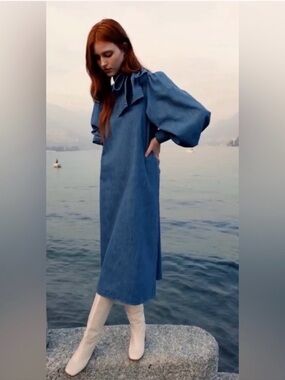 Sezane Taylor Denim Neck Tie Midi Dress